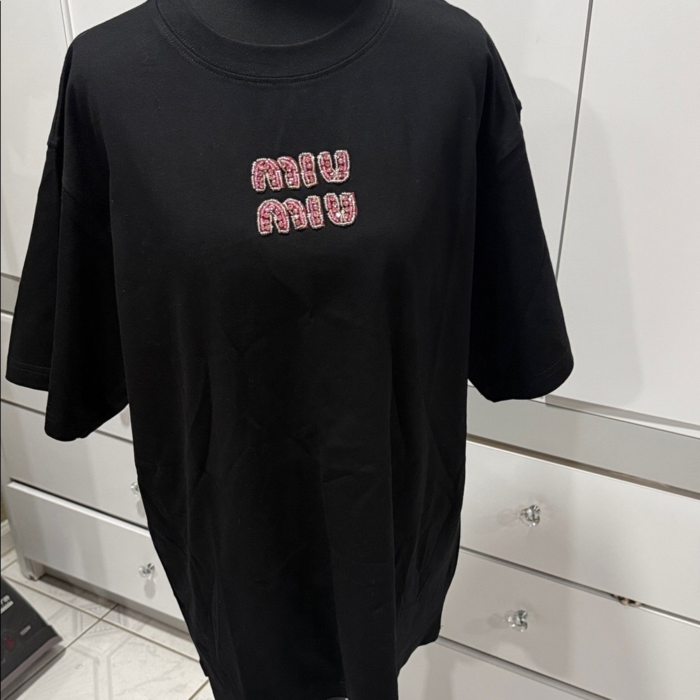 Black Tee with Pink Embroidery